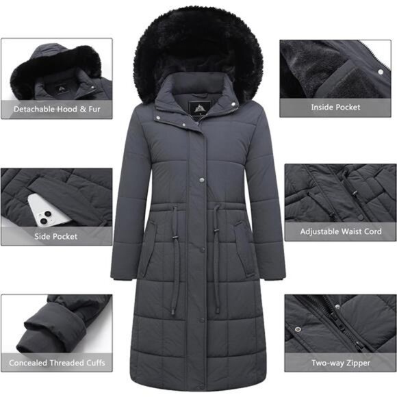 Women's Winter Coat Long Waterproof Parka - Warm Charcoal - Picture 4 of 5